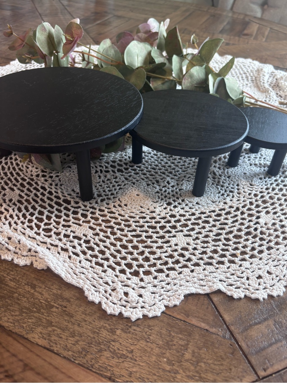 Black Wooden Mini Pedestal Display For Cupcakes, decor, etc Three Small Tables